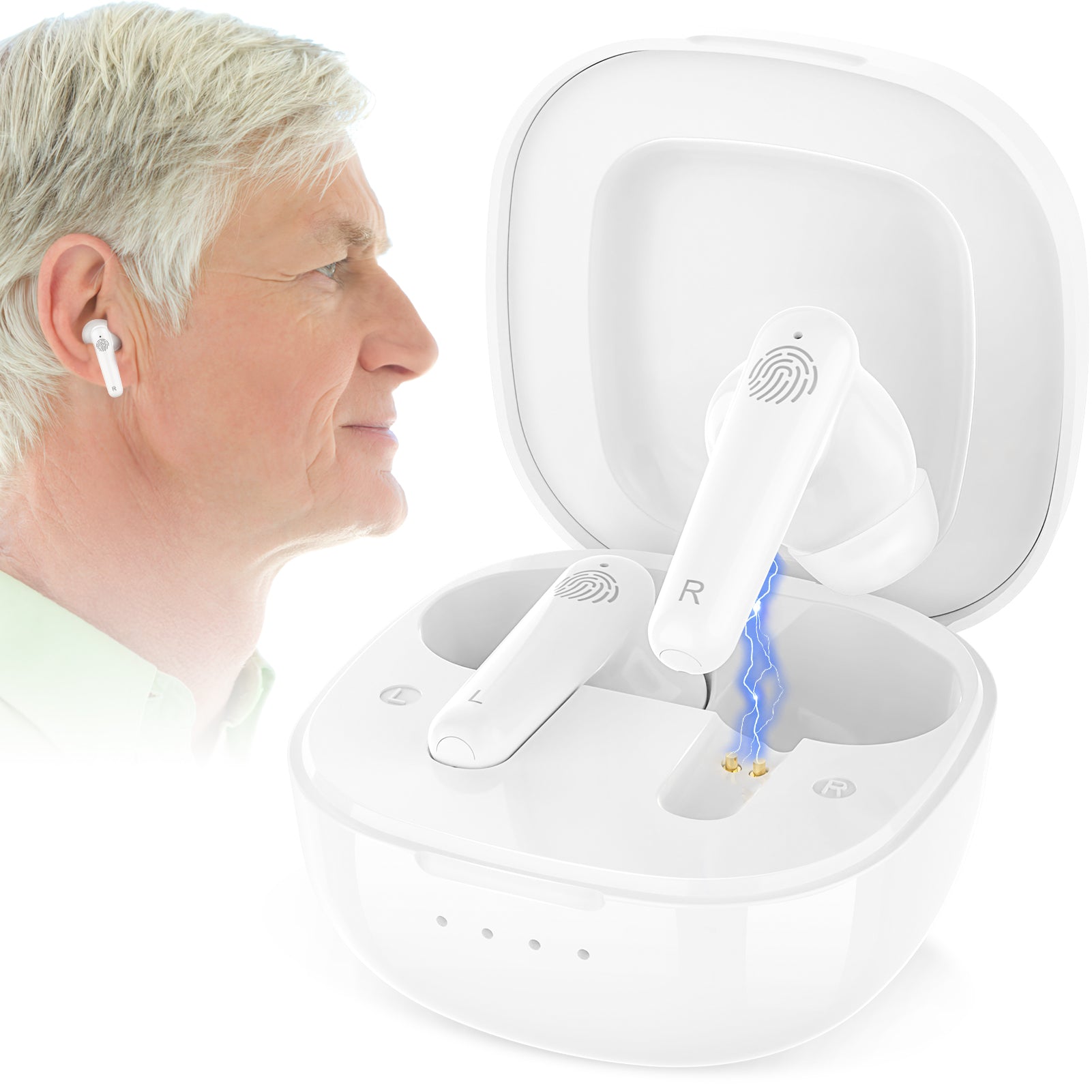 Rechargeable OTC Hearing Aids for Seniors and Adults with Noise Cancelling, Hearing Amplifier with Charging Case, No Whistling 5 Volume One Button Control, 3 Sizes of Ear Domes