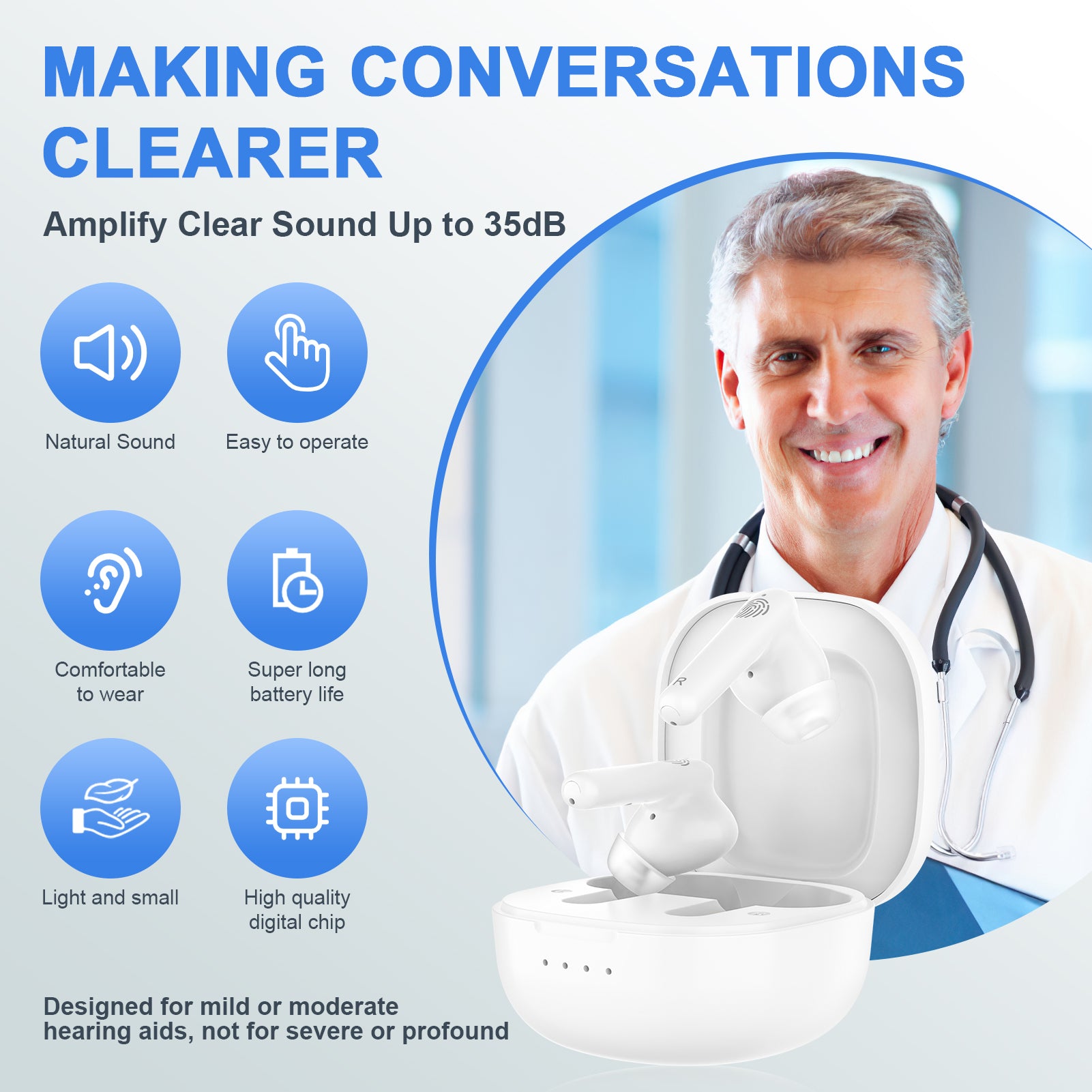 Rechargeable OTC Hearing Aids for Seniors and Adults with Noise Cancelling, Hearing Amplifier with Charging Case, No Whistling 5 Volume One Button Control, 3 Sizes of Ear Domes