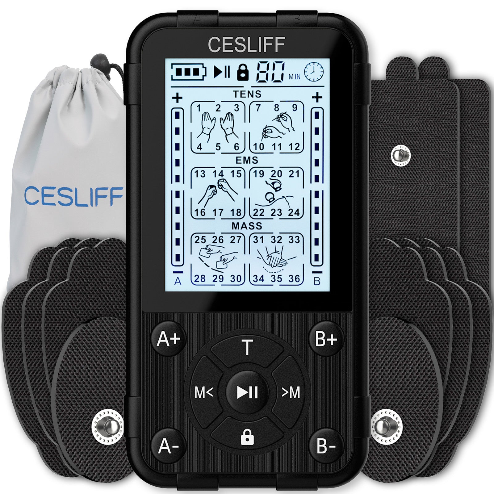 CESLIFF Dual Channel TENS EMS Unit 36 Modes Muscle Stimulator, Recharg –  Cesliff
