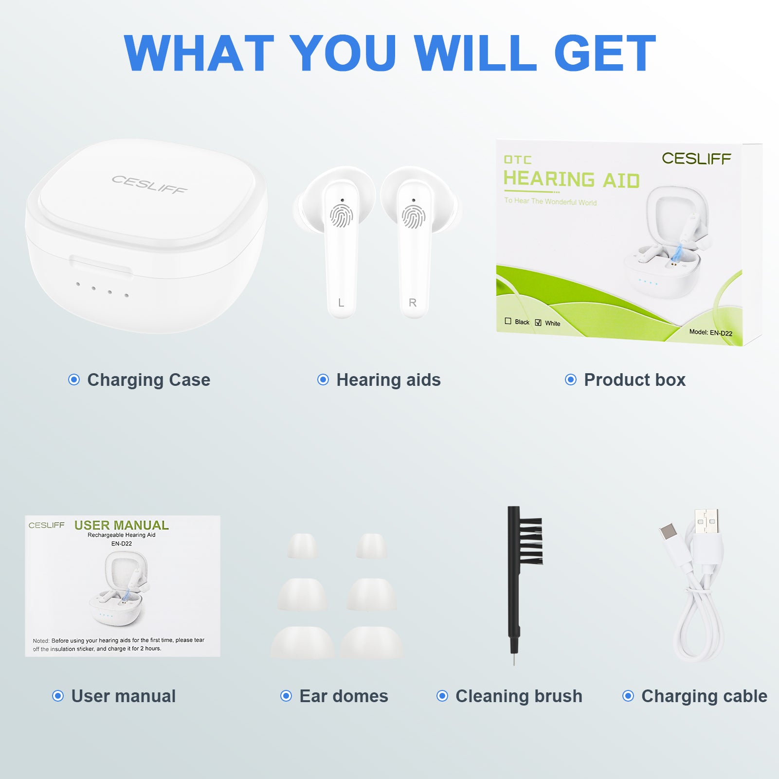 Rechargeable OTC Hearing Aids for Seniors and Adults with Noise Cancelling, Hearing Amplifier with Charging Case, No Whistling 5 Volume One Button Control, 3 Sizes of Ear Domes