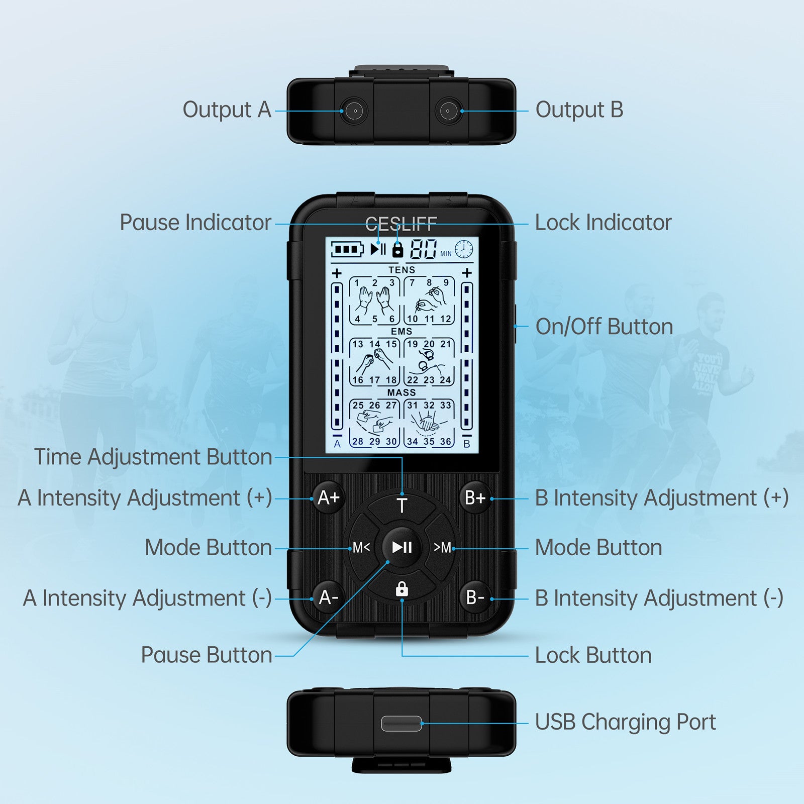 CESLIFF Dual Channel TENS EMS Unit 36 Modes Muscle Stimulator, Rechargeable Electric Pulse Massager TENS Machine Function for Lower Back Neck Shoulder Pain Relief with 10 Pads