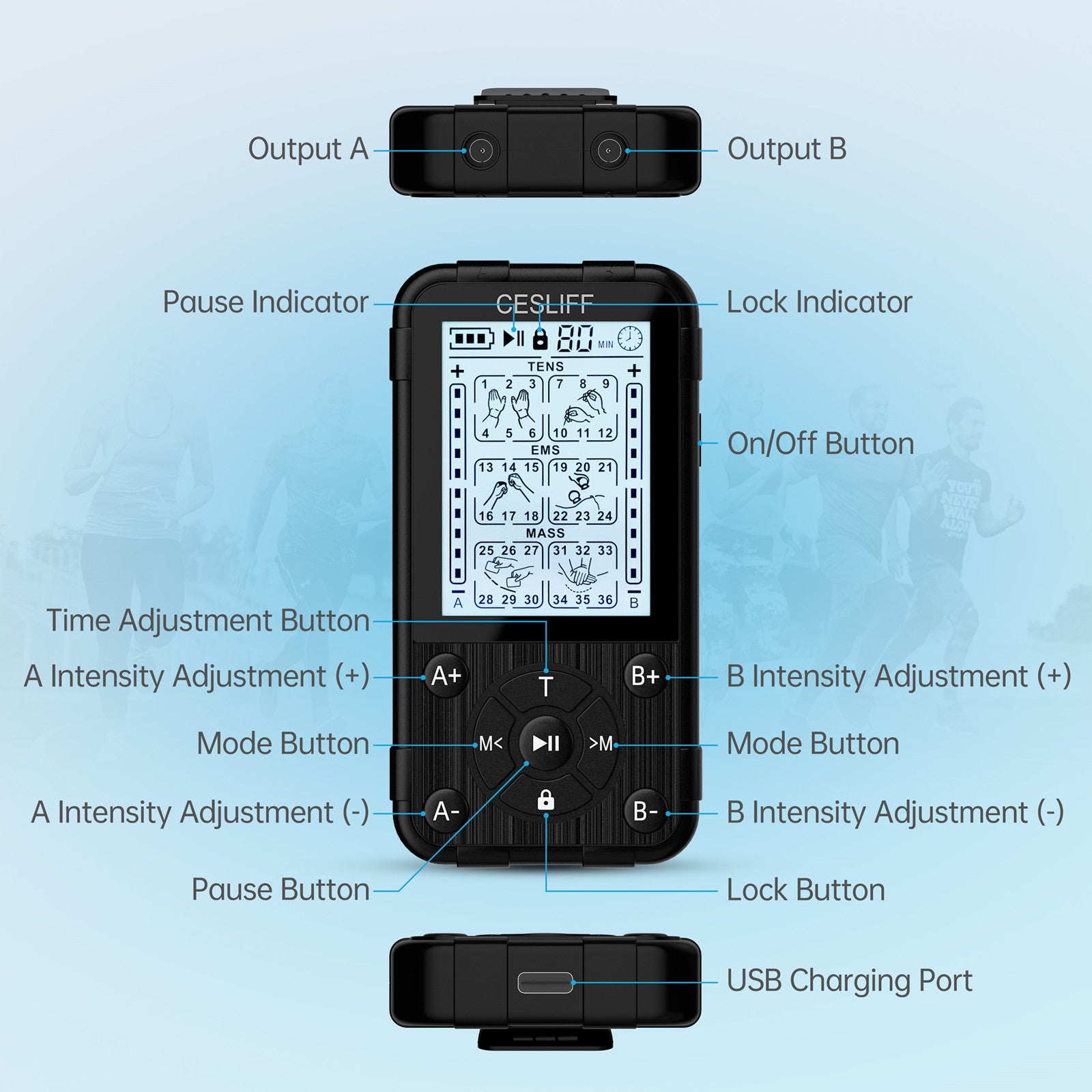 Portable Tens Unit Machine EMS Muscle Stimulator for Pain Relief - Dual Channel/12 Modes/16 Intensity