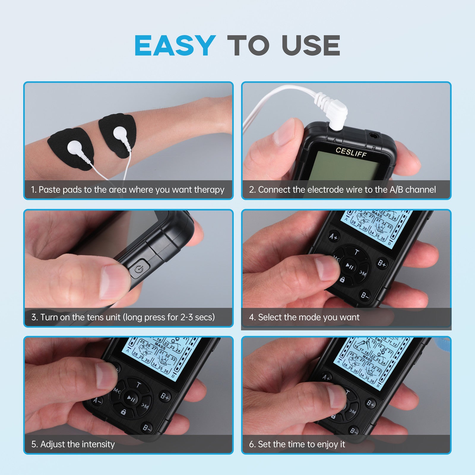 CESLIFF Dual Channel TENS EMS Unit 36 Modes Muscle Stimulator, Rechargeable Electric Pulse Massager TENS Machine Function for Lower Back Neck Shoulder Pain Relief with 10 Pads